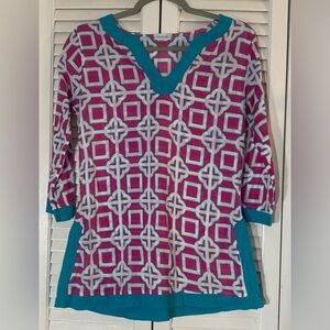 All For Color Cover Up/Tunic, Sz S, Pink & White Geometric Design w/Teal Accents